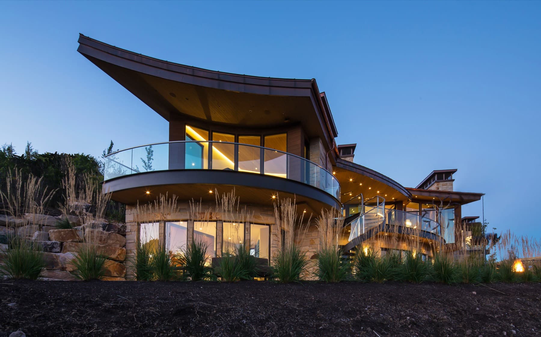Crescent House — exterior at dusk
