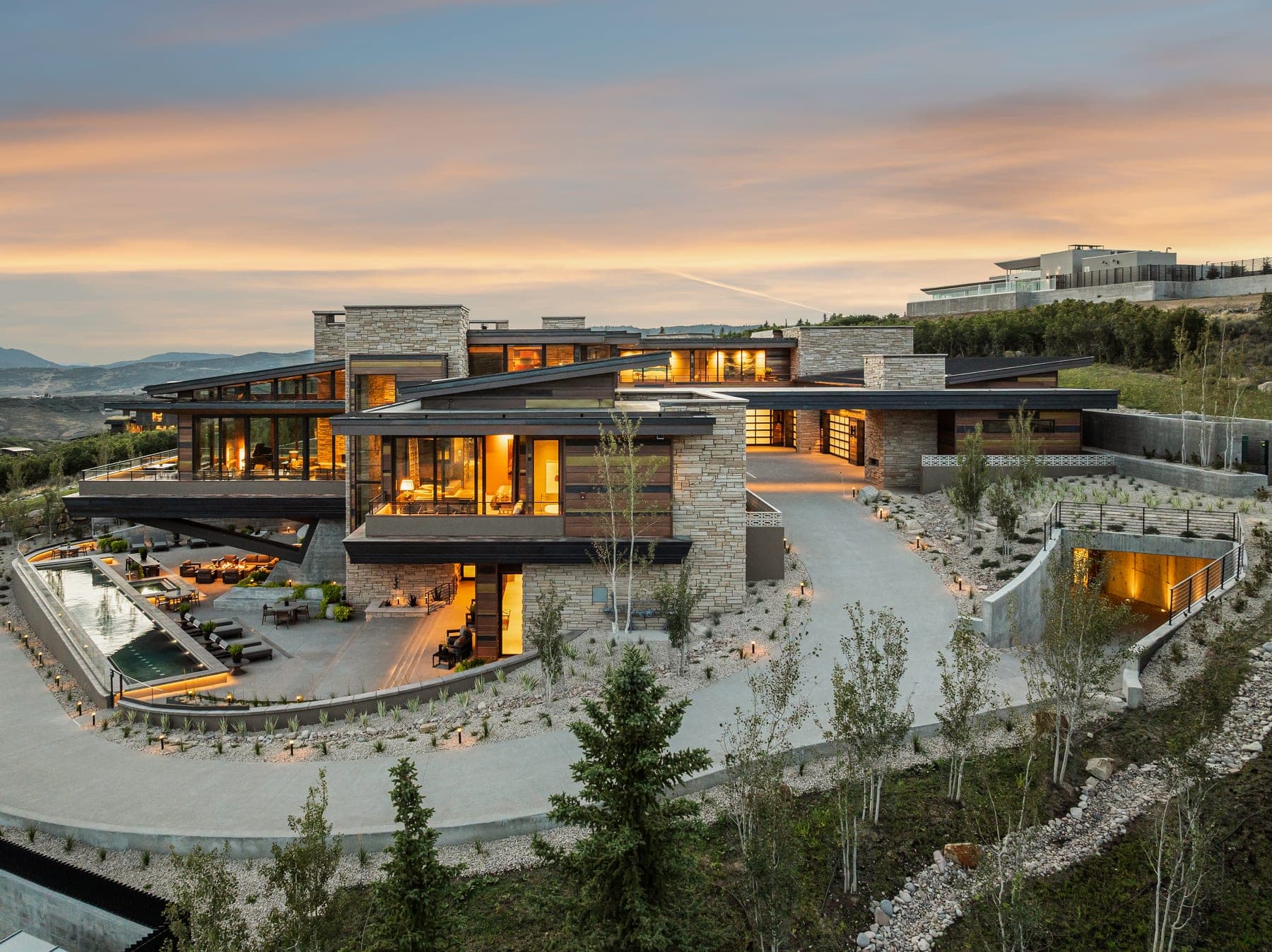 Vandamm Home — aerial at dusk